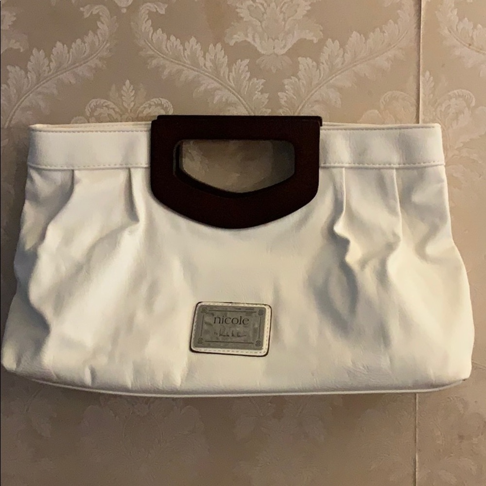 Nicole Miller White and Wood Clutch